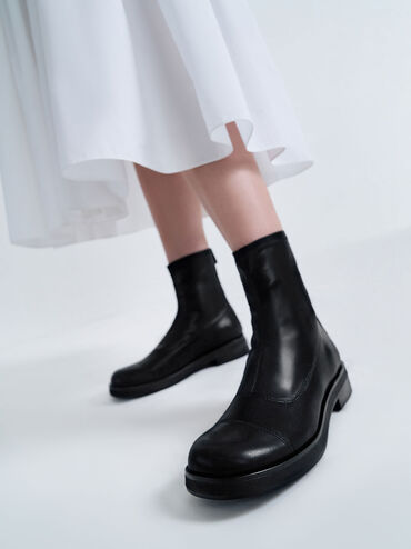 Round Toe Zip-Up Ankle Boots, Black, hi-res