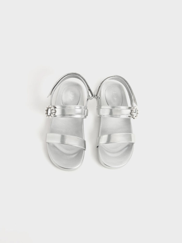 Girls' Bead-Embellished Back-Strap Sandals, Silver, hi-res