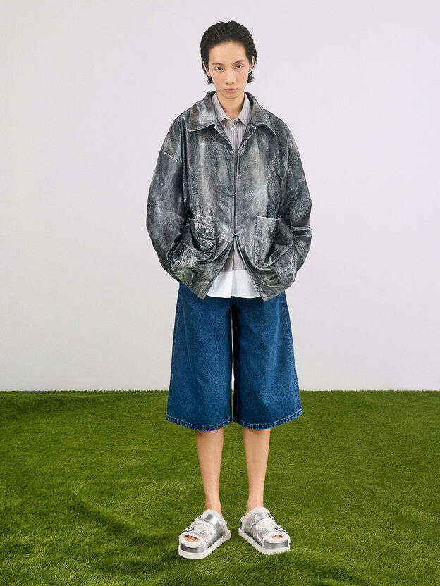 한나 메탈릭 퍼리 버클 더블-스트랩 샌들, 실버, hi-res