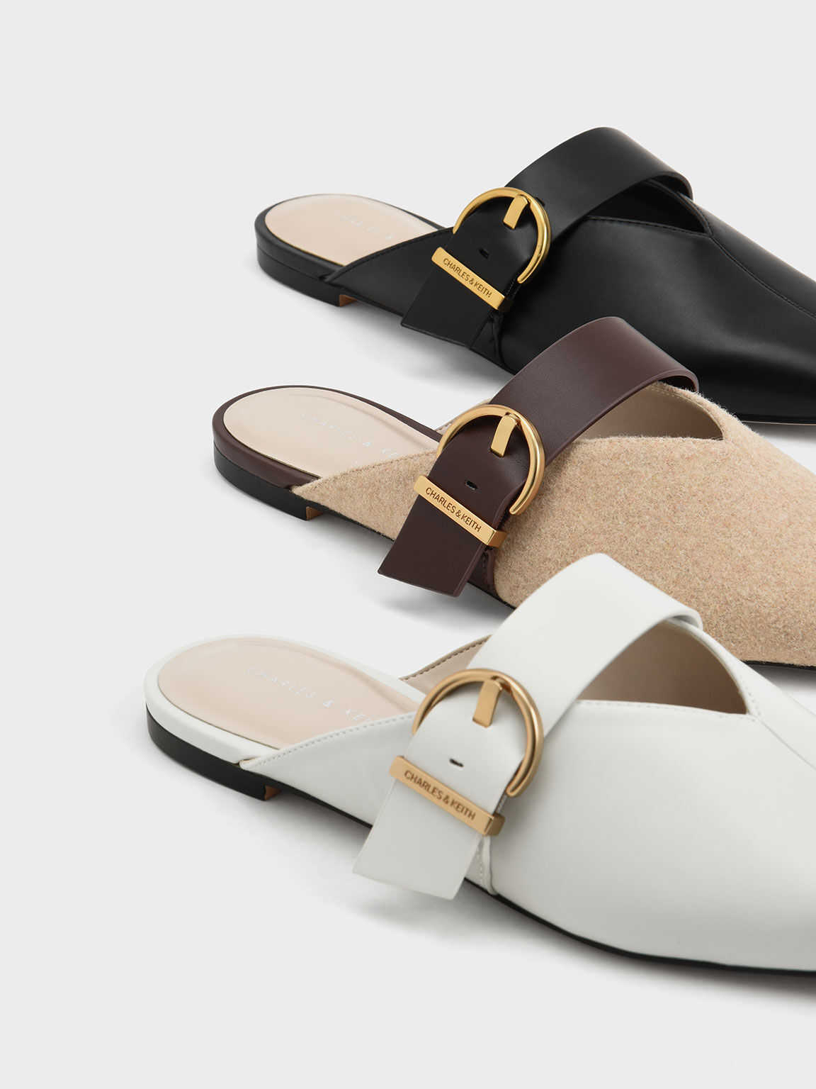 White V Cut Buckled Flat Mules CHARLES KEITH International