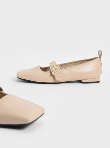 Square Toe Mary Jane Flats, Beige, hi-res