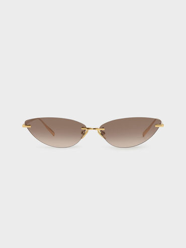 Rimless Cat-Eye Sunglasses, Brown, hi-res