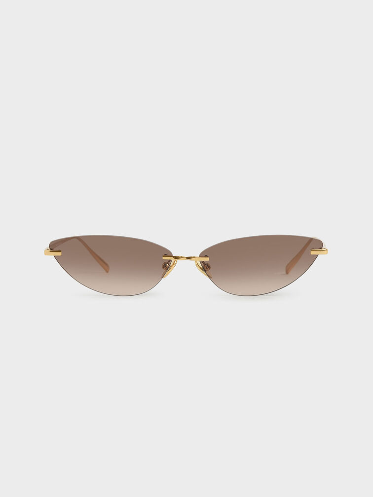 Rimless Cat-Eye Sunglasses, Brown, hi-res