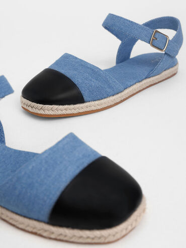 Girls' Two-Tone Ankle-Strap Denim Espadrilles, Blue, hi-res