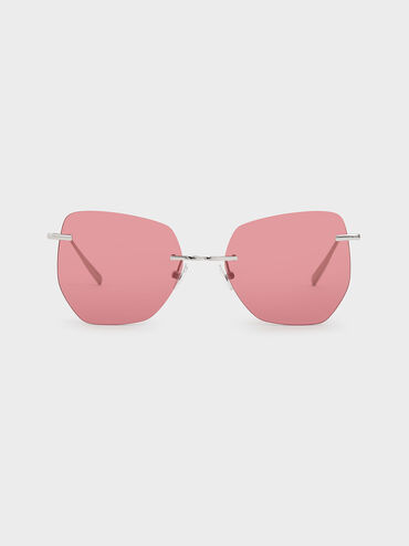 Rimless Geometric Sunglasses, Red, hi-res