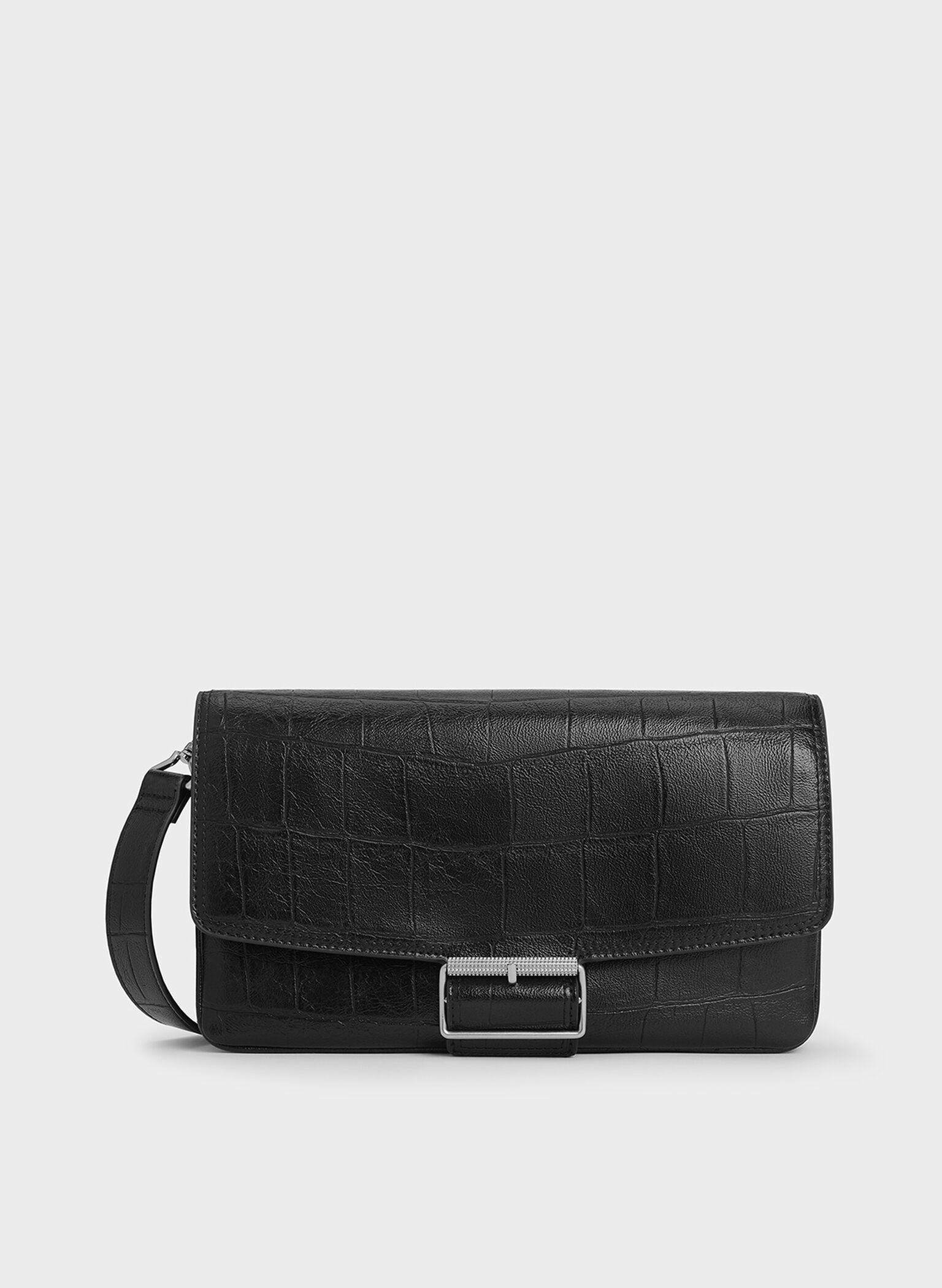 Bolso Liv efecto cocodrilo con asa de cadena con ojales, Noir, hi-res