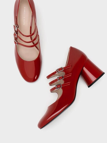 漆皮粗跟瑪莉珍鞋, 紅色, hi-res