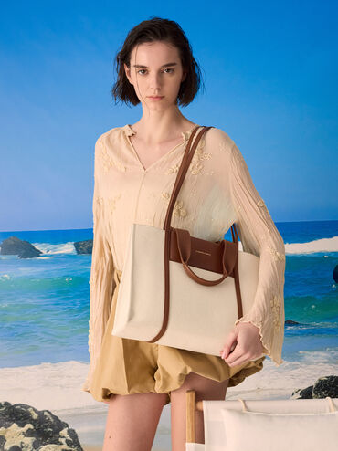 Tote bag Shalia de lona, Lona beige, hi-res