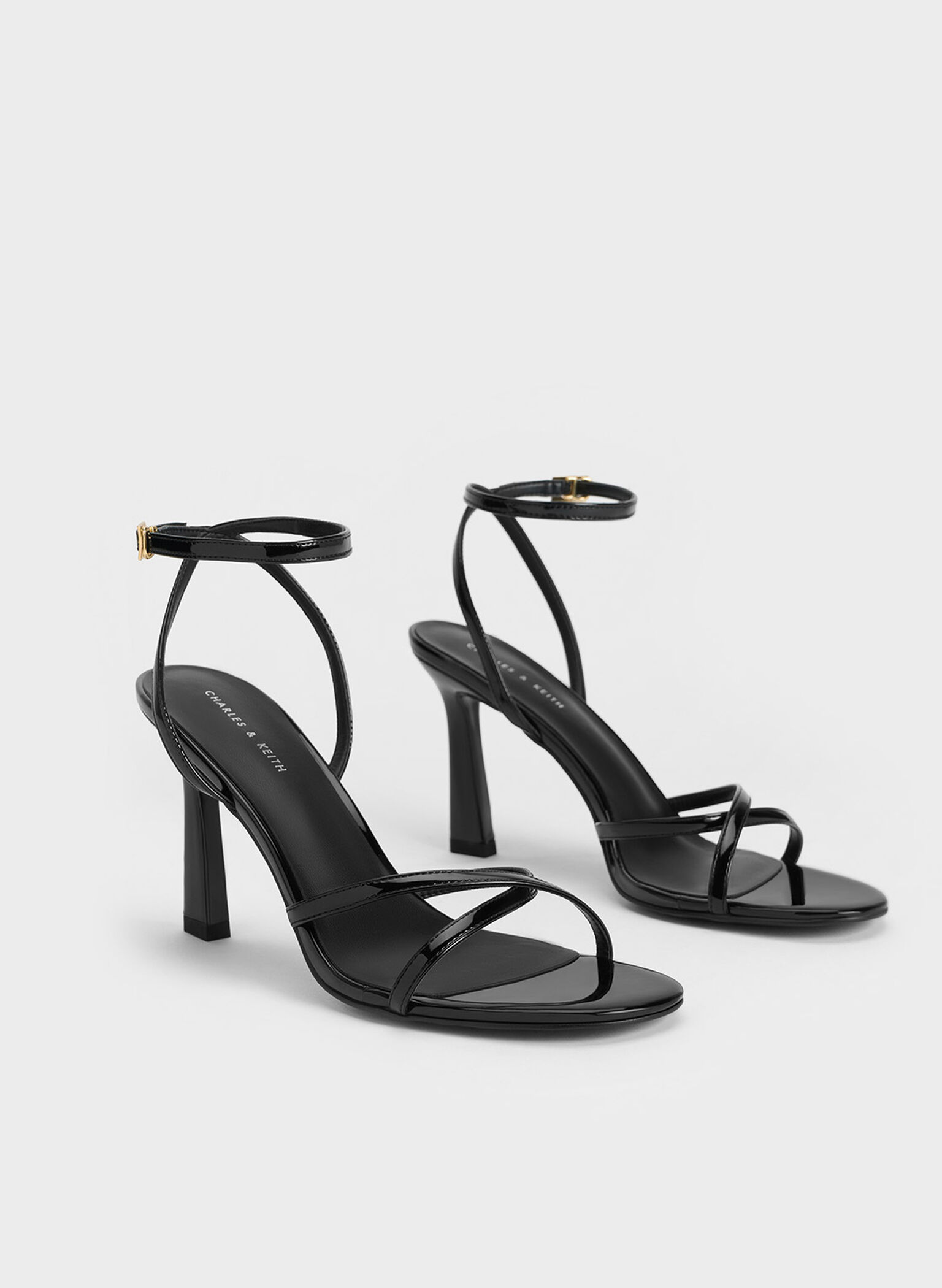 Black Patent Crossover-Strap Heeled Sandals - CHARLES & KEITH AU