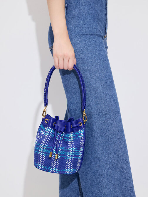 Tweed Braided-Handle Drawstring Bucket Bag, Cobalt, hi-res