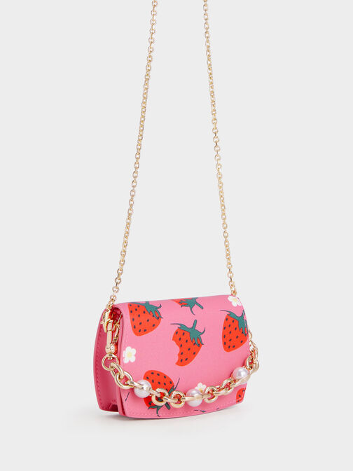 Chain Handle Strawberry-Print Vanity Pouch, Light Pink, hi-res