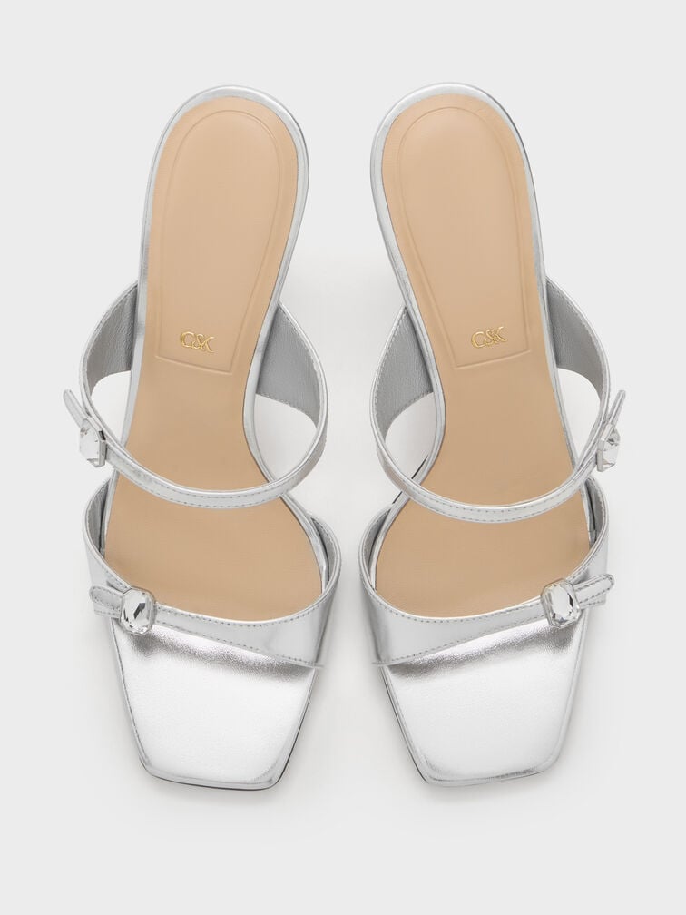 Metallic Leather Gem-Buckle Double-Strap Heeled Sandals, Silver, hi-res