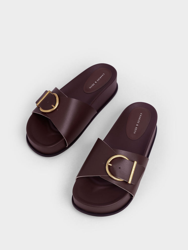 Metallic Buckle Flatform Sandals, Brown, hi-res