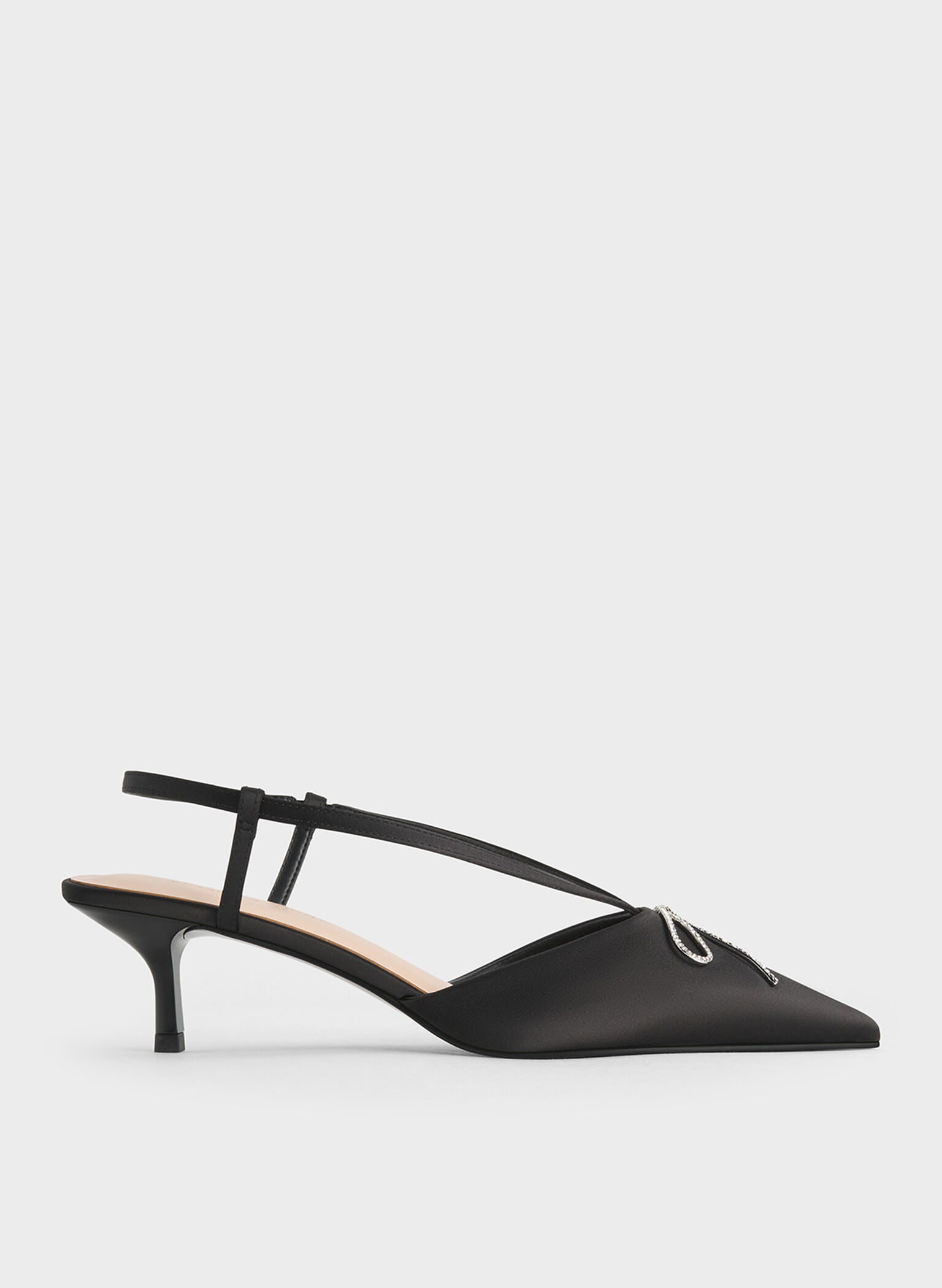 Recycled Polyester Crystal-Bow Kitten-Heel Slingback Pumps, Black Textured, hi-res