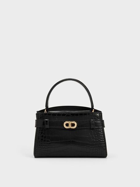 Aubrielle Croc-Effect Top Handle Bag, Black, hi-res