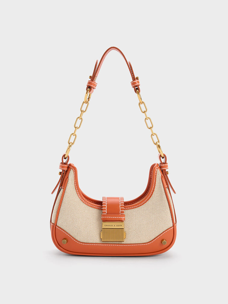 Neon-Orange Heart Quilted Flap Chain Square Bag