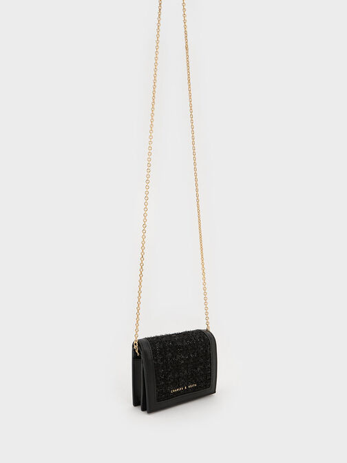 Minicartera de tweed con botón a presión, Negro, hi-res
