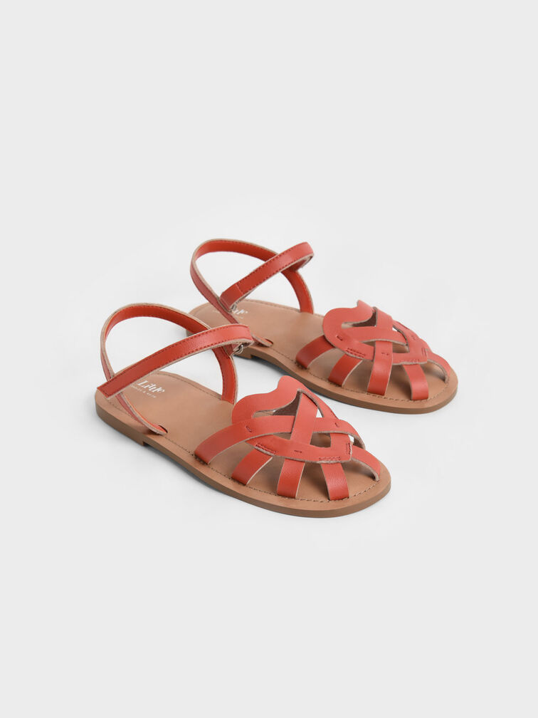 Girls' Caged Ankle-Strap Sandals, Orange, hi-res