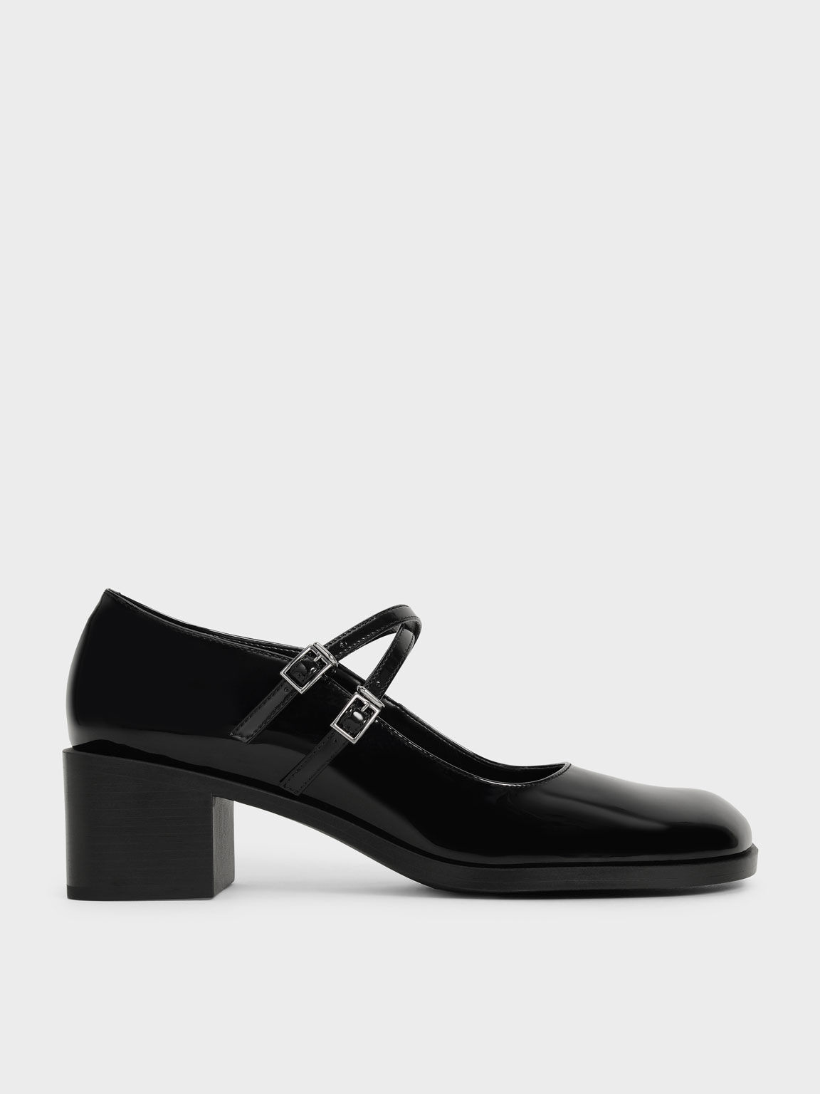 Black Patent Crossover Block Heel Mary Janes CHARLES KEITH International
