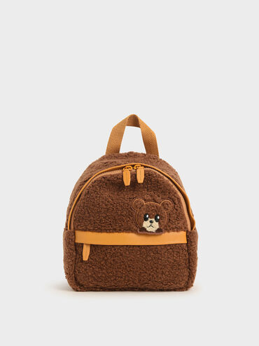 Girls' Bear Motif Furry Backpack, Brown, hi-res