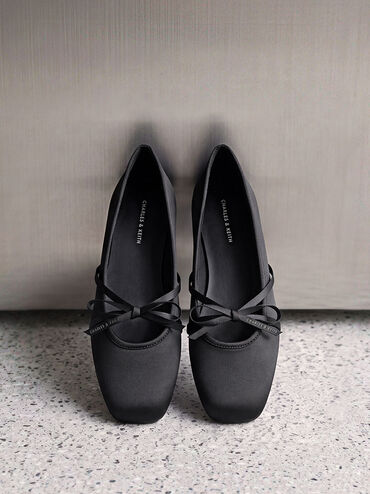 Satin Bow Ballet Flats, Black Textured, hi-res