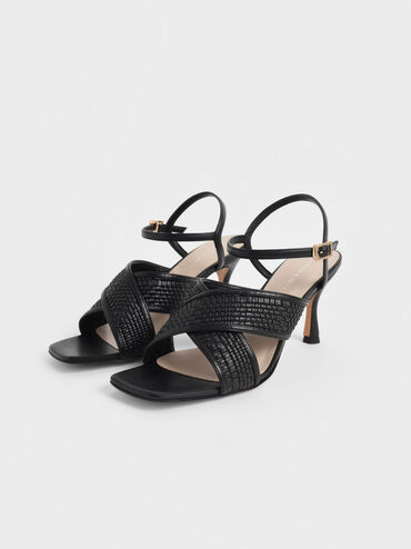 Woven Crossover Slingback Sandals, Black, hi-res