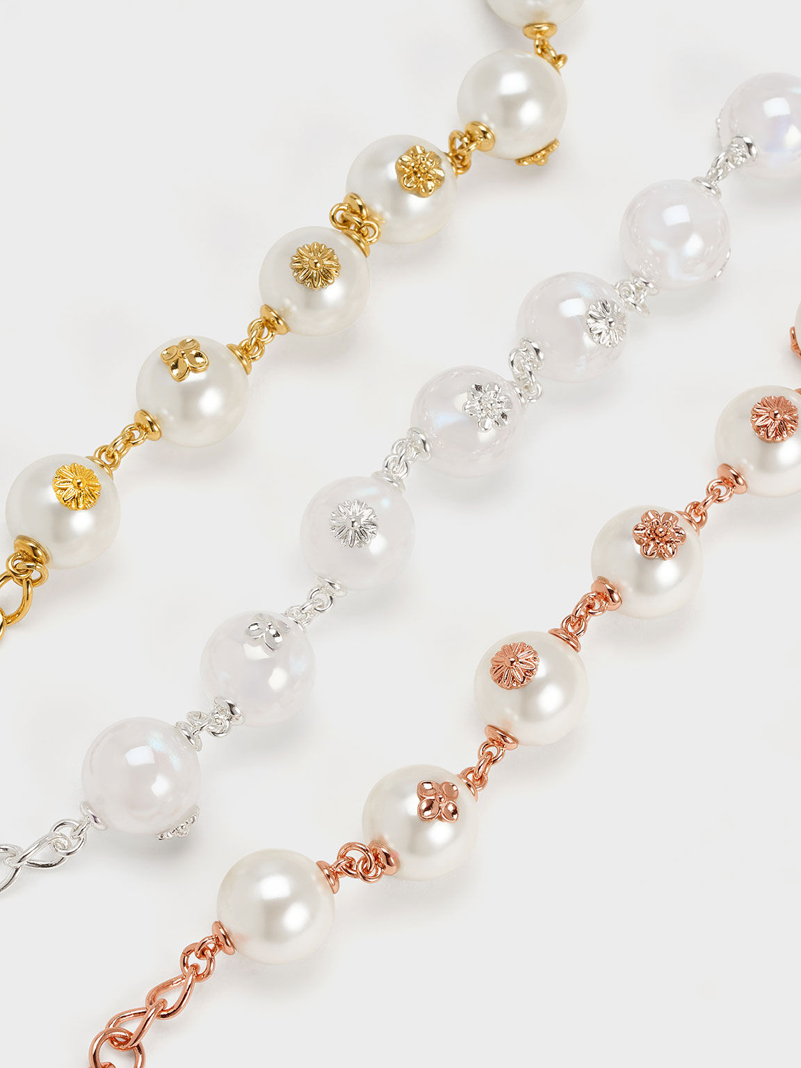 Flower-Embellished Pearl Bracelet, Silver, hi-res
