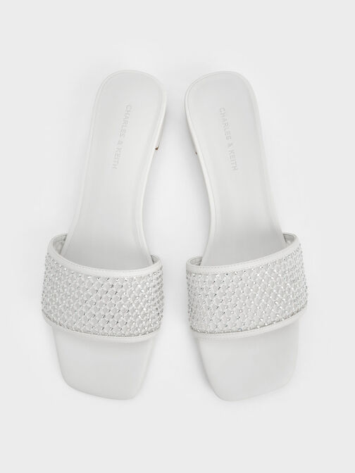 網紗水晶低跟拖鞋, 白色, hi-res