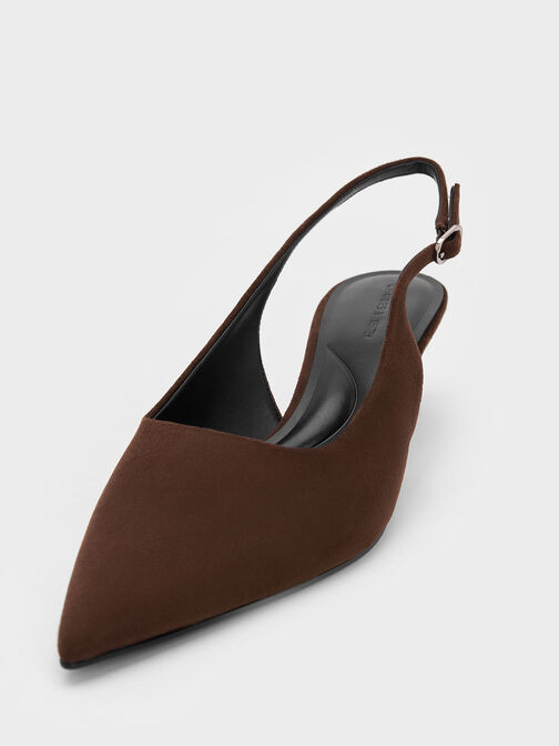Faux Suede Pointed-Toe Kitten-Heel Slingback Pumps, Dark Brown, hi-res
