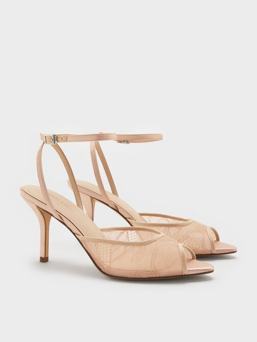Lace & Satin Peep-Toe Heels, Nude, hi-res