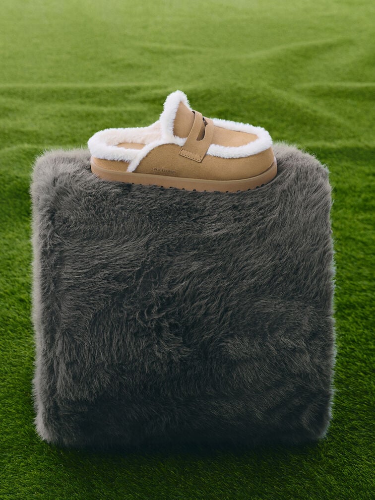 Recycled-Fur Flatform Mules, Sand, hi-res