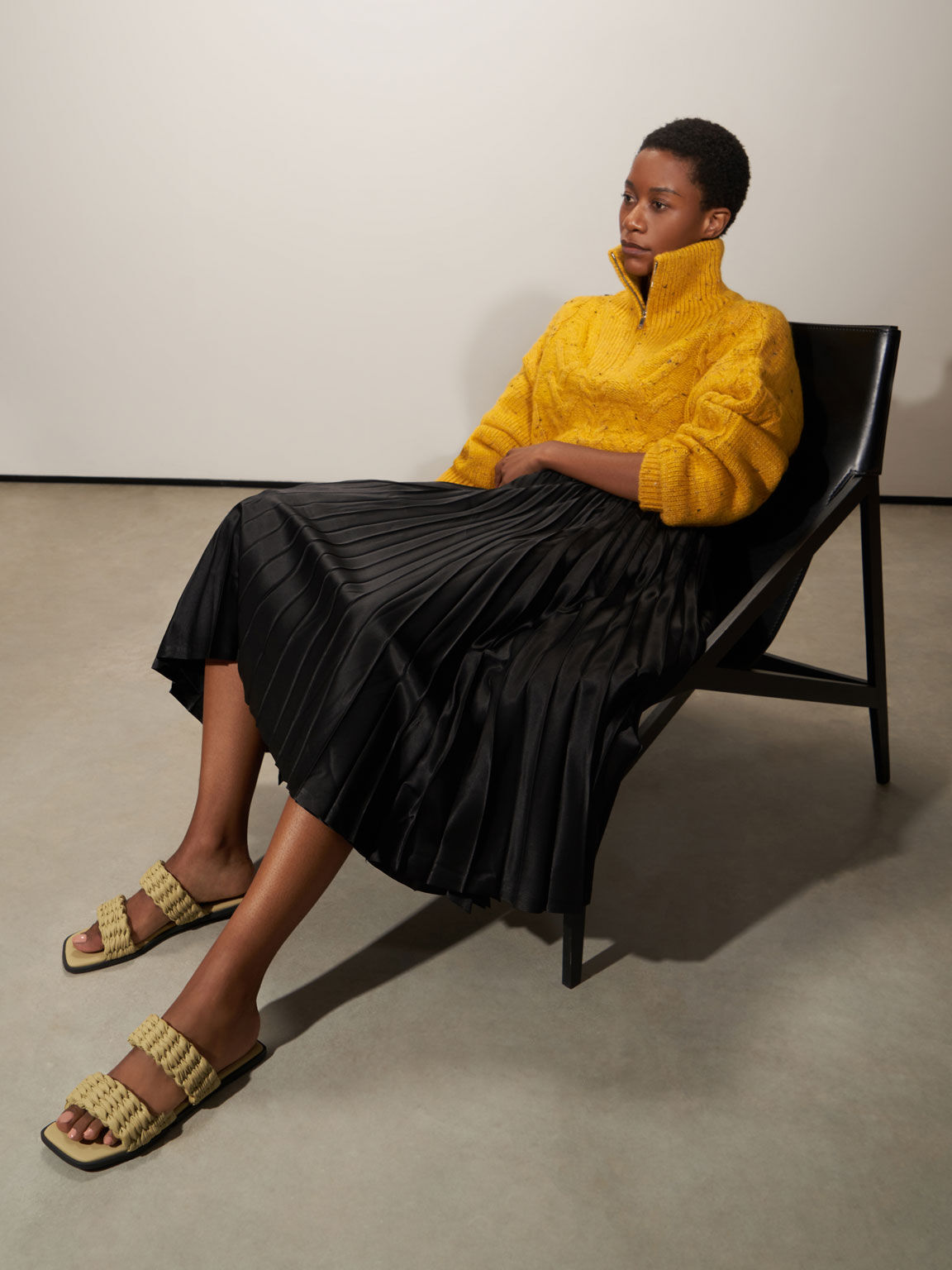 Pleated Slide Sandals, Mustard, hi-res