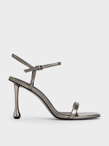 Metallic Sculptural-Heel Ankle-Strap Sandals, Pewter, hi-res