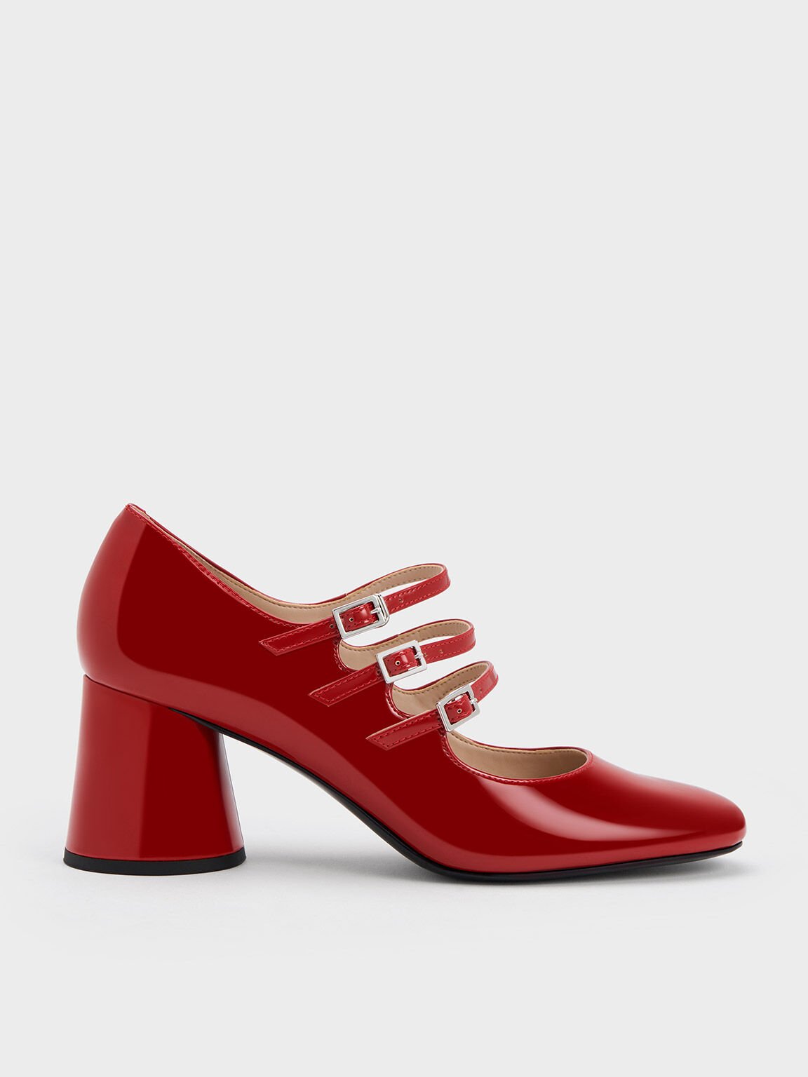 Buckled Cylindrical Heel Mary Janes, Red, hi-res