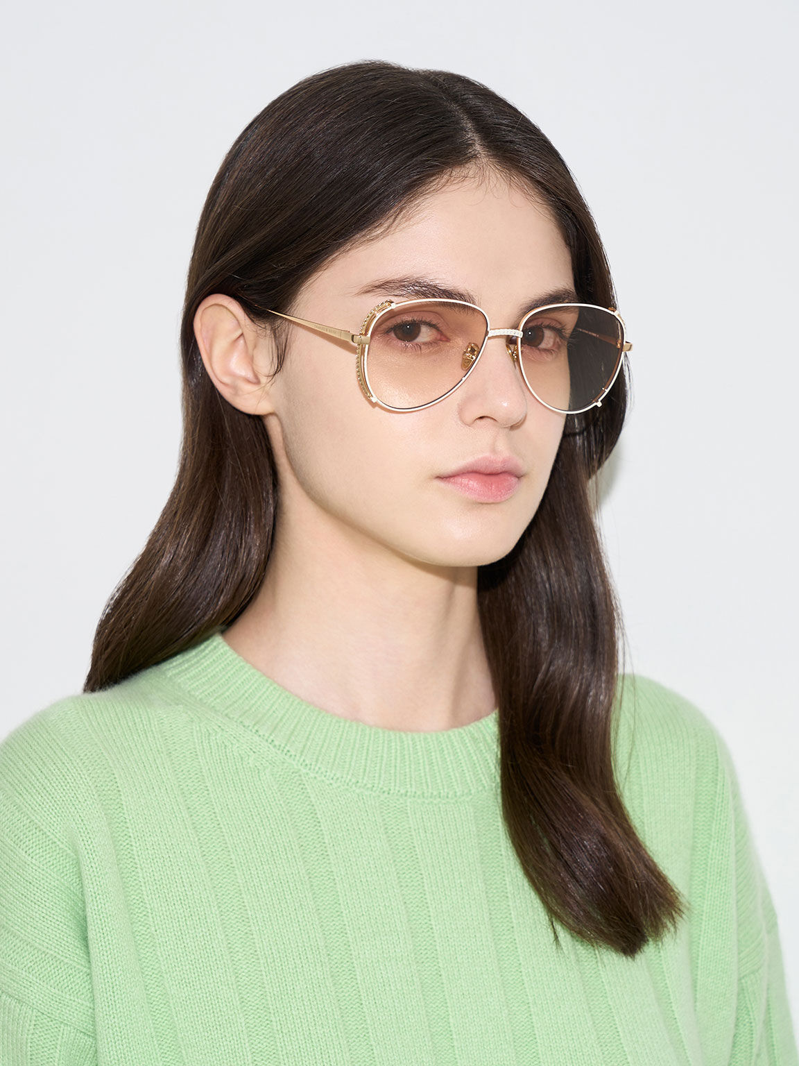 Gem-Embellished Wireframe Aviator Sunglasses, Cream, hi-res
