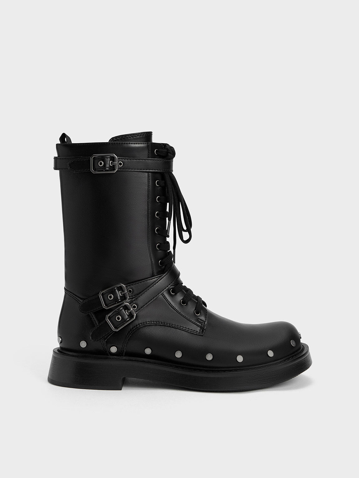 Studded & Buckled Combat Boots, Black, hi-res