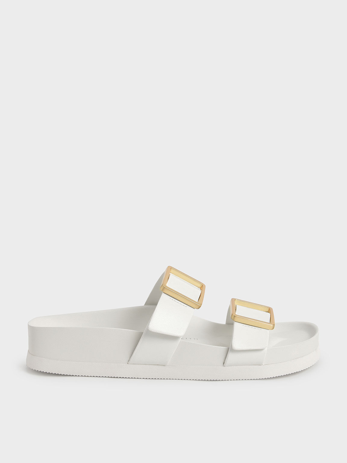Metallic Buckle Slide Sandals, White, hi-res