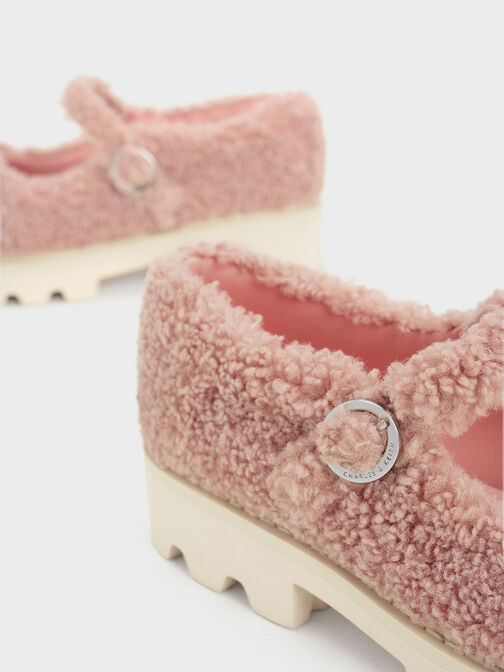 Girls' Furry Platform Mary Janes, Pink, hi-res