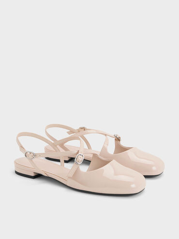 Slingbacks planos de charol con hebilla cruzada, Nude, hi-res