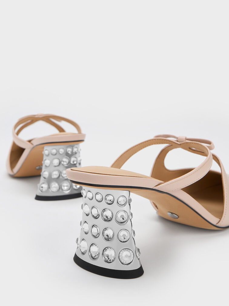 Bow Crossover Gem-Embellished Mules, Nude, hi-res