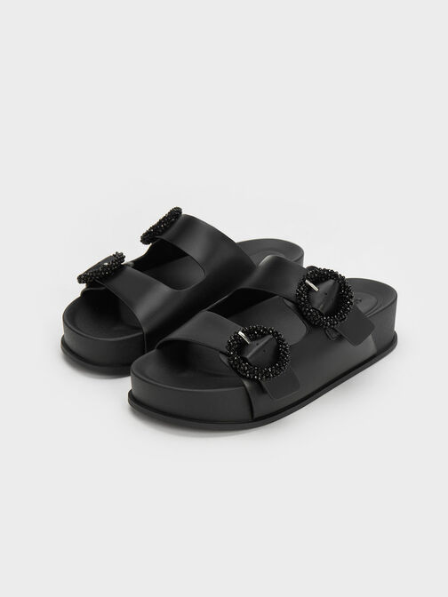 Beaded Circle Slide Sandals, Black, hi-res