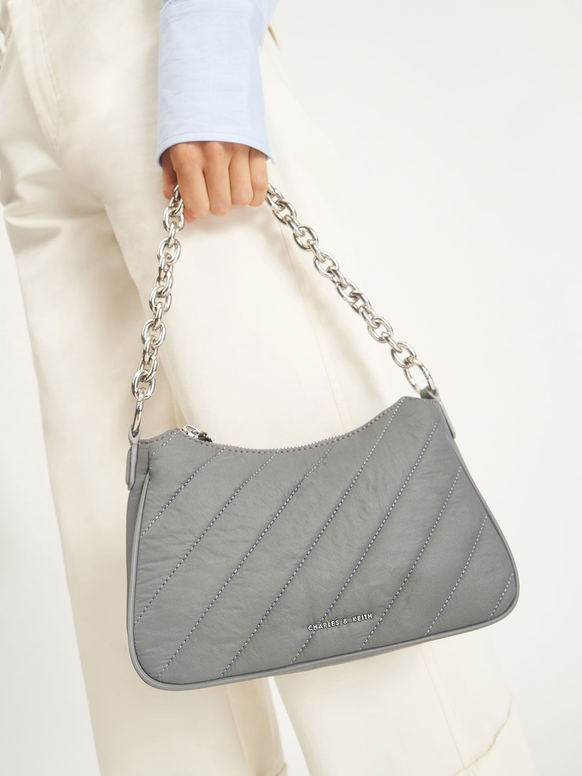 Panelled Chain Handle Crossbody Bag, Grey, hi-res