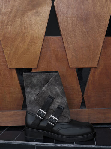 Aether Buckled Calf Boots, Dark Grey, hi-res