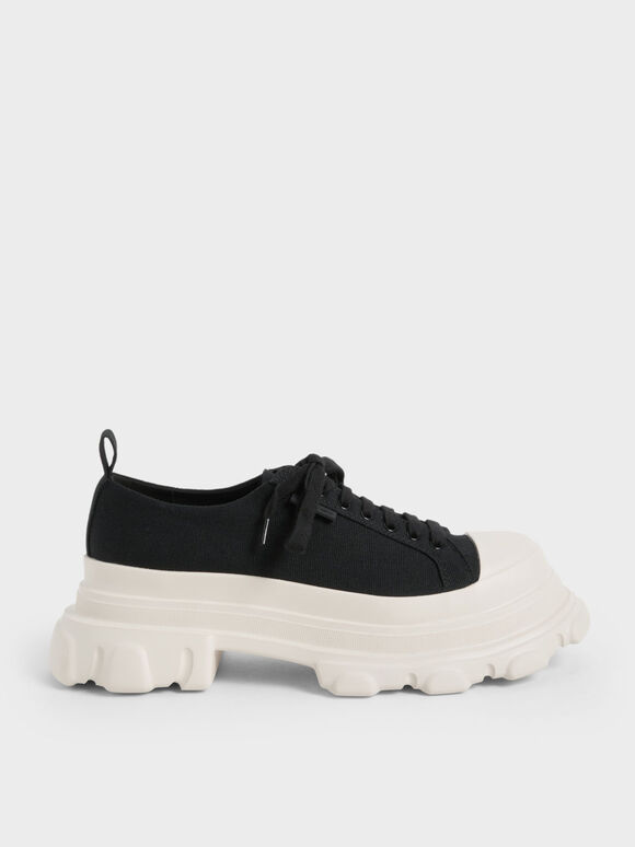 Canvas Chunky Sole Sneakers, Black, hi-res