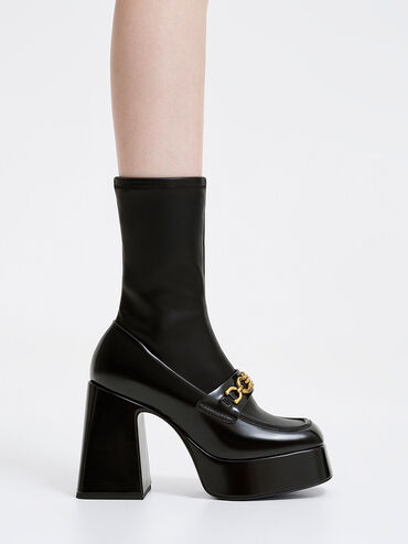 Metallic Accent Platform Ankle Boots, Black, hi-res