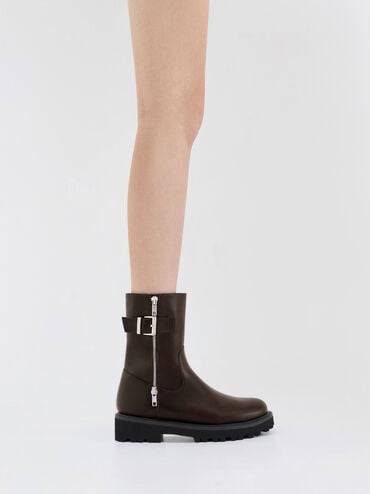 Lyndon Side-Zip Buckle-Strap Ankle Boots, Dark Brown, hi-res