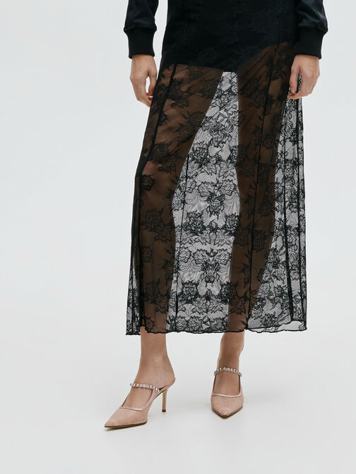 Lace & Satin Crystal Heeled Mules, Nude, hi-res