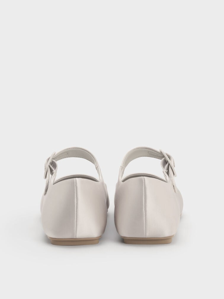 Satin Buckled Square-Toe Mary Jane Flats, Light Grey, hi-res