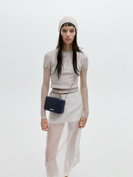 Jennis Lace & Satin Top Handle Bag, Dark Blue Textured, hi-res