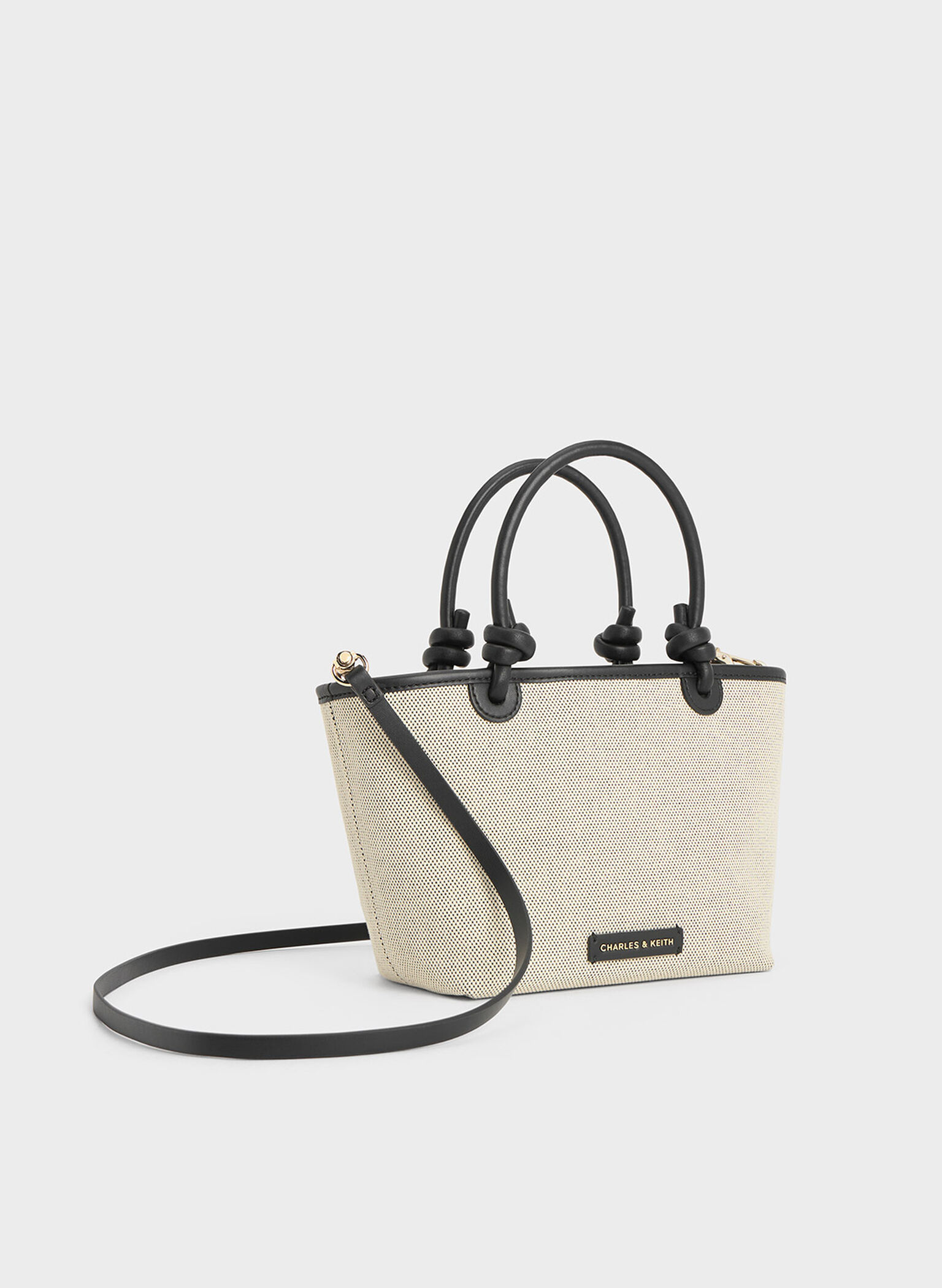 Bolso tote Sabine de lona con asa anudada, Negro, hi-res